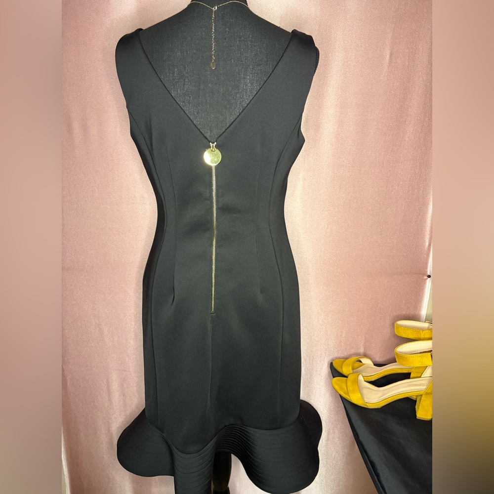 Calvin Klein Formal Black Dress | Gold Zipper Back Accent | Flared Hem | Size 10